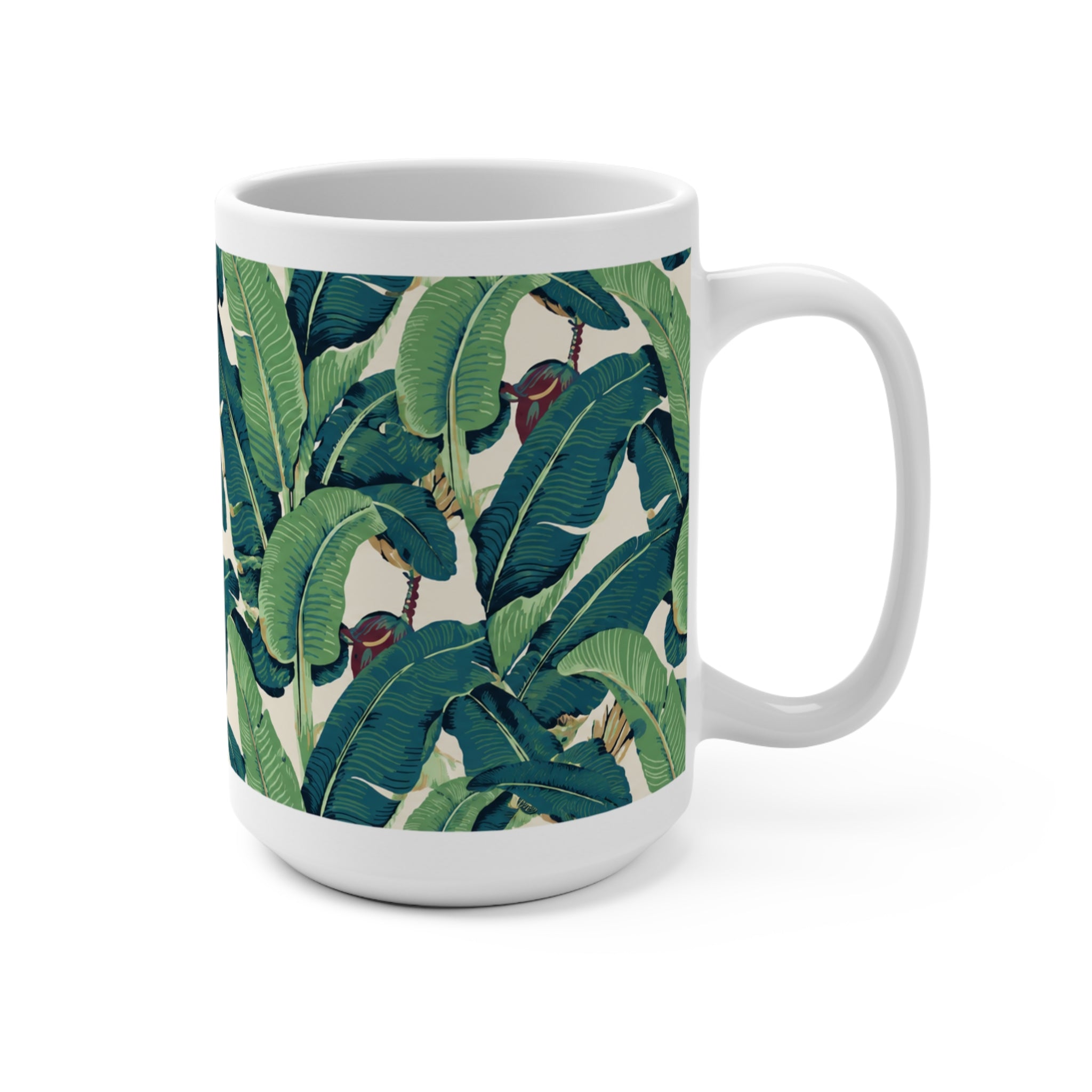Tropical Banana Leaf 15oz Mug — Green Palm Pattern Coffee Cup