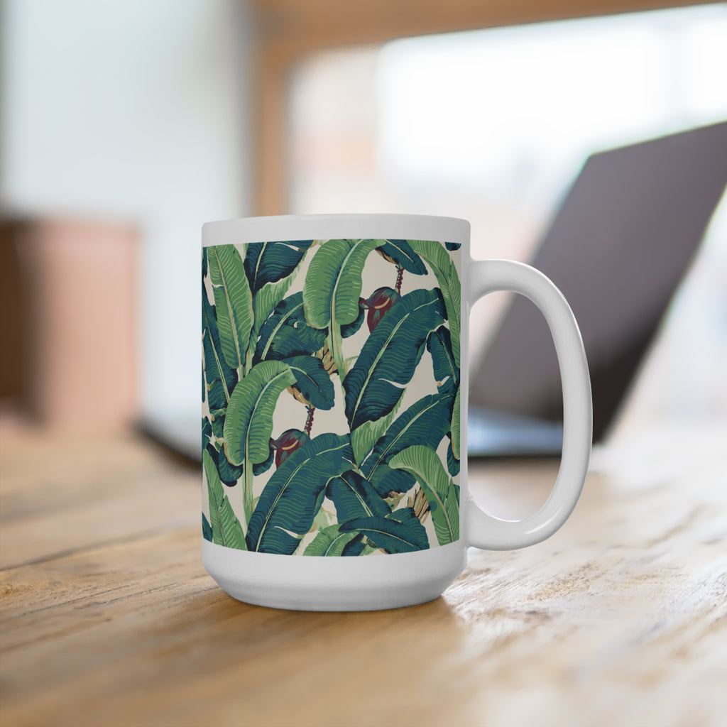 Tropical Banana Leaf 15oz Mug — Green Palm Pattern Coffee Cup