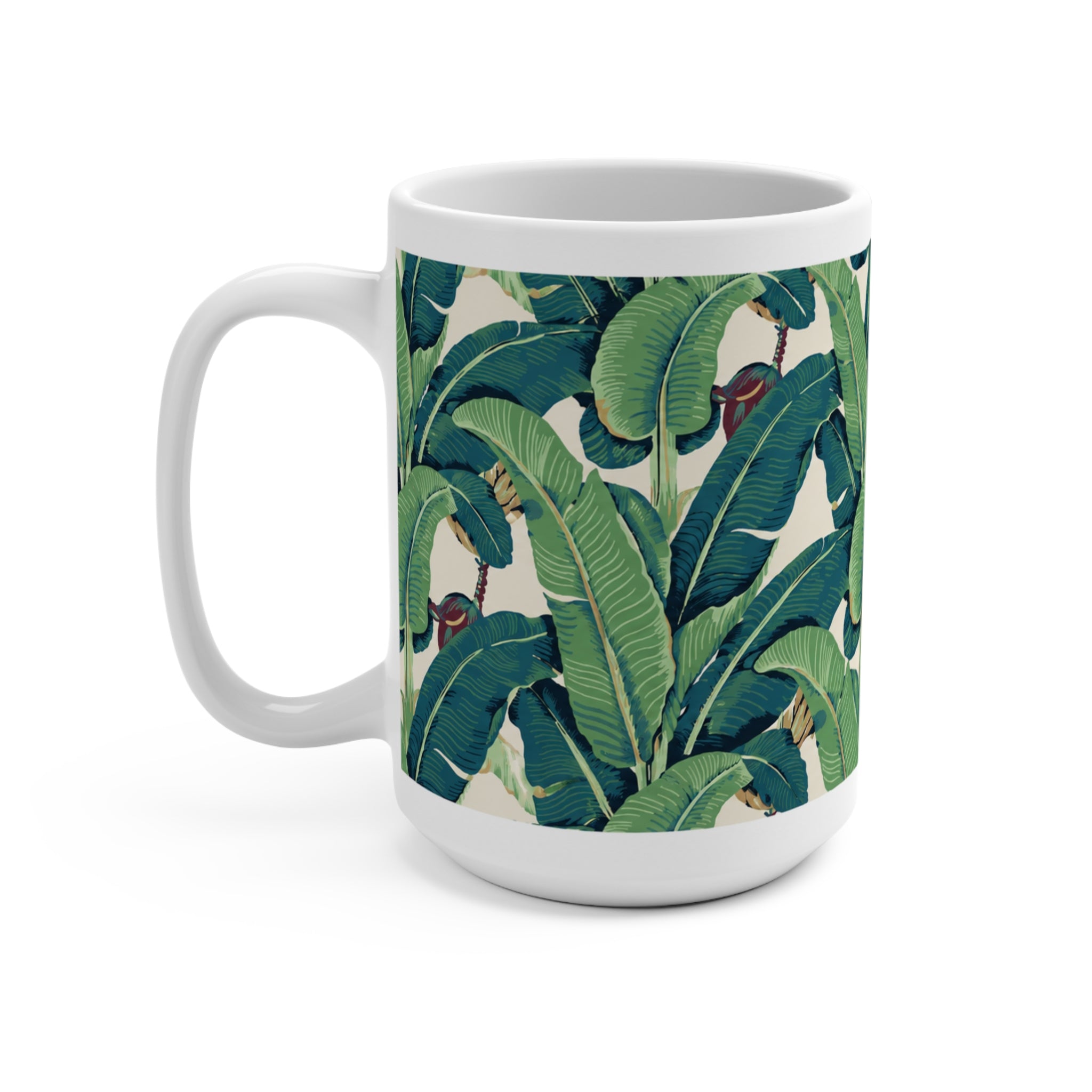 Tropical Banana Leaf 15oz Mug — Green Palm Pattern Coffee Cup