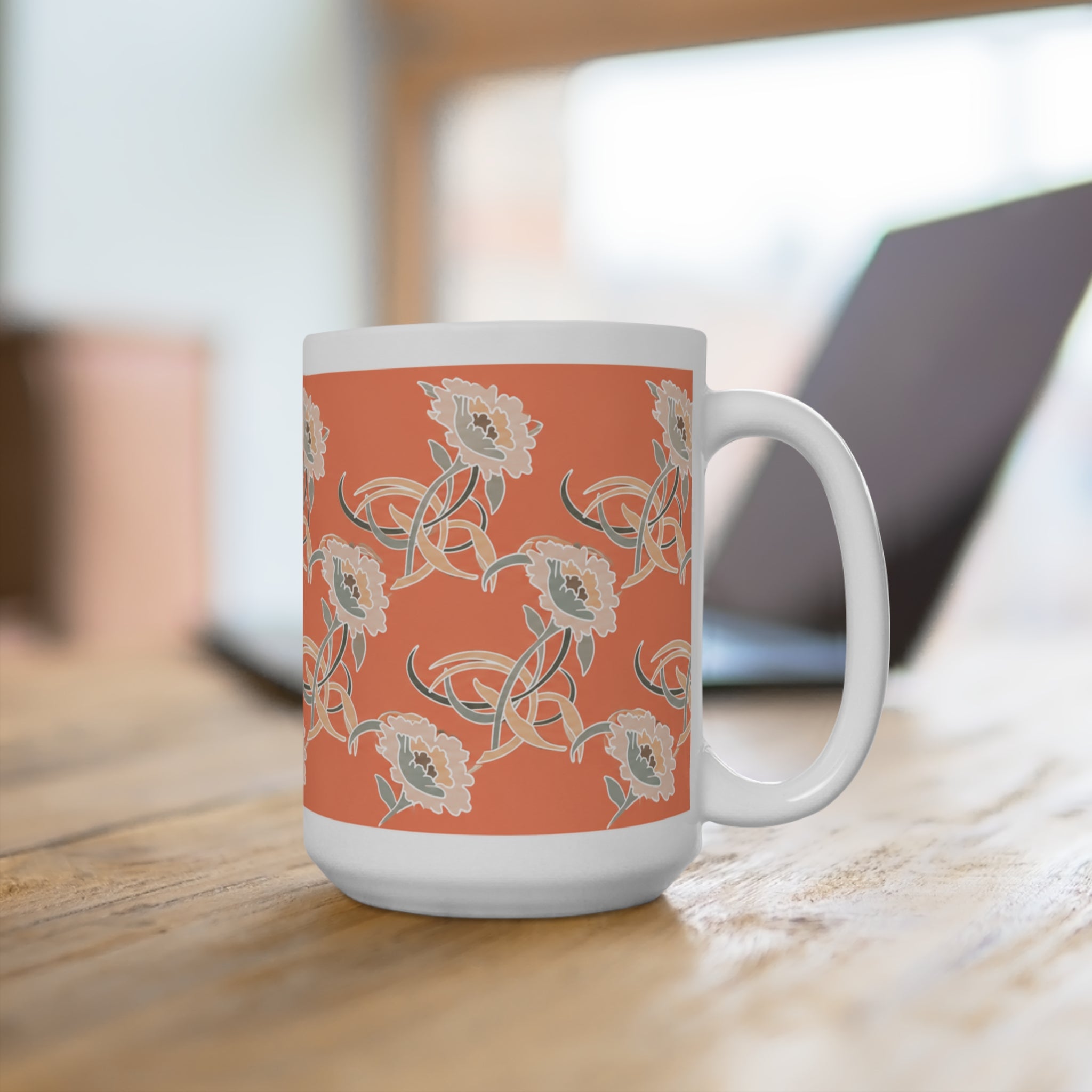 'The Golden Girls' Couch Inspired 15oz Ceramic Mug — Orange Vintage Poppy Pattern